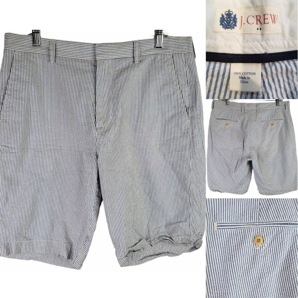 J. Crew Shorts Seersucker Mens Size 34 Blue White Striped Chino Pockets Resort